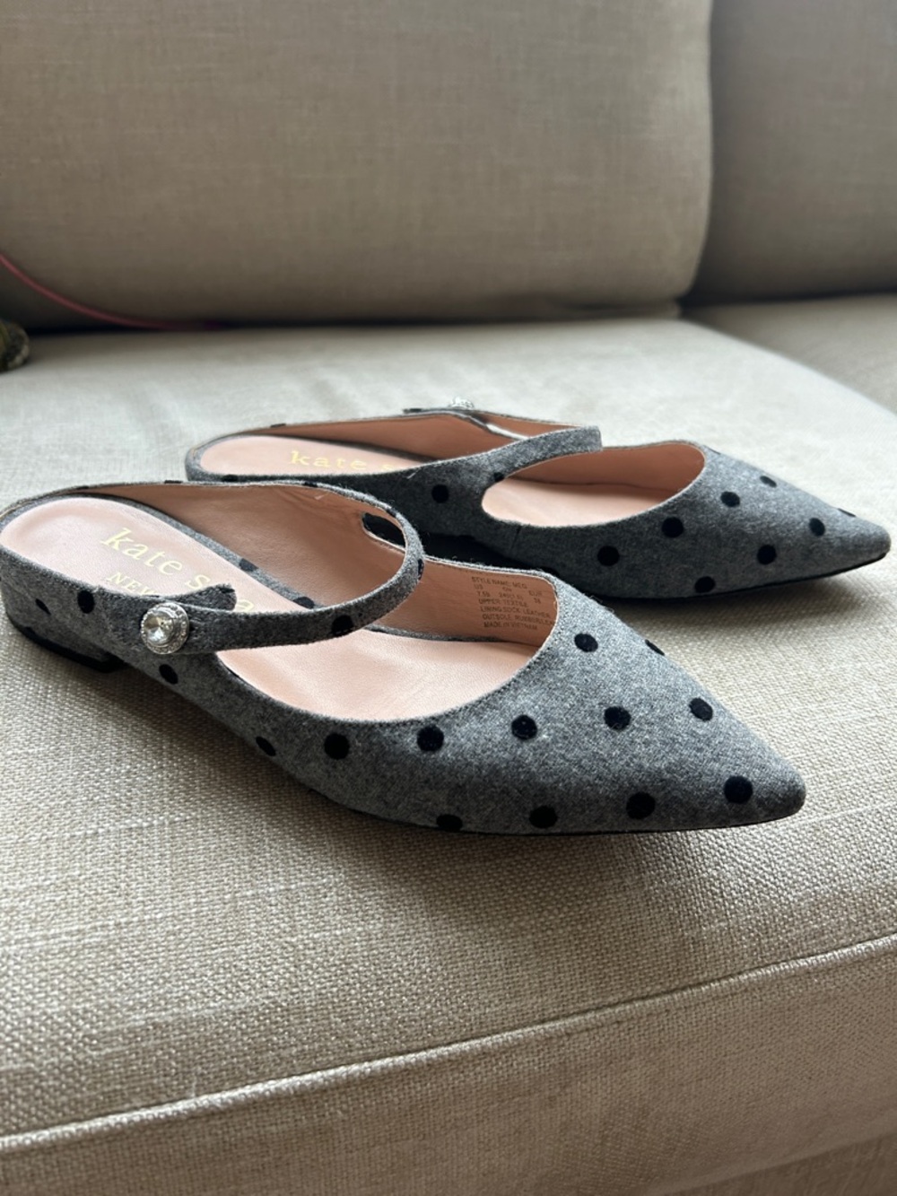 kate spade gray polka dot pointed slingback mules